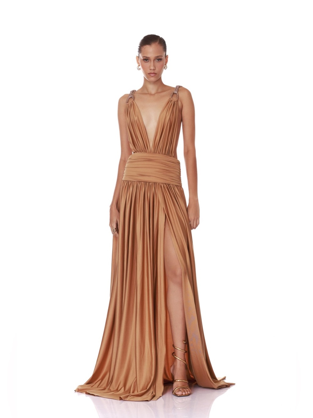 NWOT BRONX BANCO Tula Embellished Gown, Deep V Plunge Maxi Dress in Bronze Camel